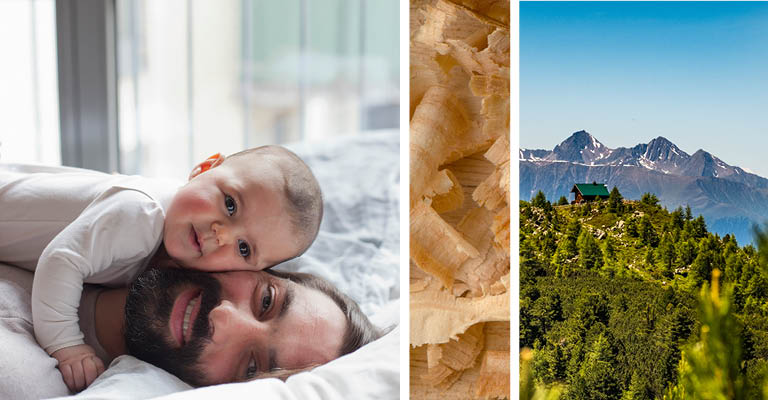 Collage Berge, Holz, Vater mit Kind im Bett